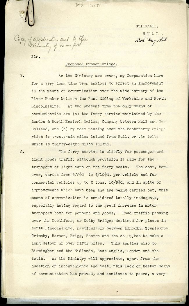 Typed letter pressing for construction of the Humber Bridge