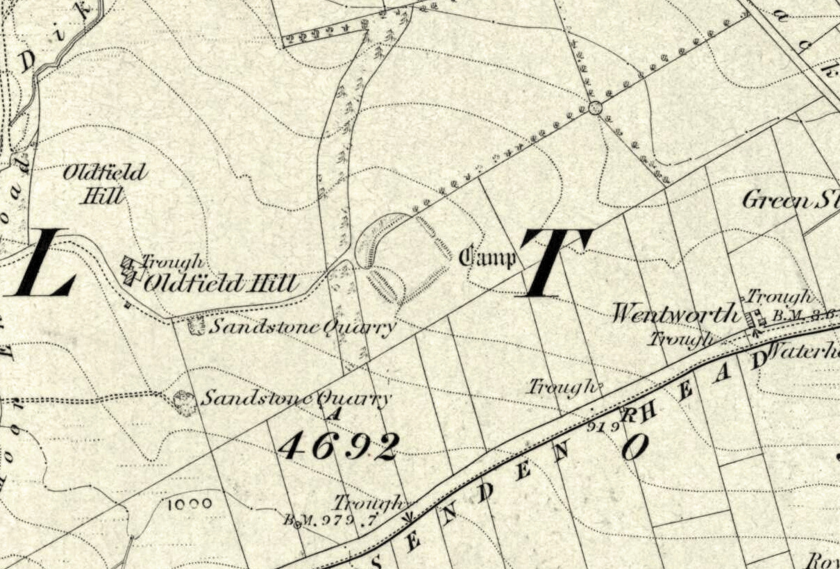 A yellowed vintage map with black lines, depicting Oldfield Hill and surrounding areas, including Sandstone Quarry and Wentworth. Features contours, roads, and geographical labels.