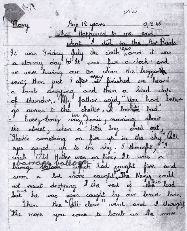 Page 1 of a letter written by a schoolgirl during WW2 in Hull.  Part of the letter reads "It was Friday July 6th 1940 and it was a stormy day.  It was 5 o'clock and we were having our tea when the buzzer went; then just after they finished we heard a bomb dropping and then a loud clap of thunder...'