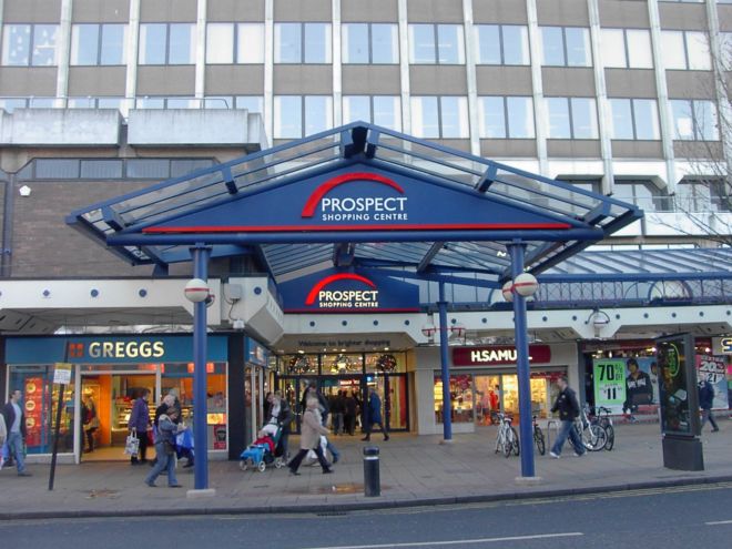 Colour Photograph of the front of a shopping centre at Prospect Centre, Hull, built after the Blitz