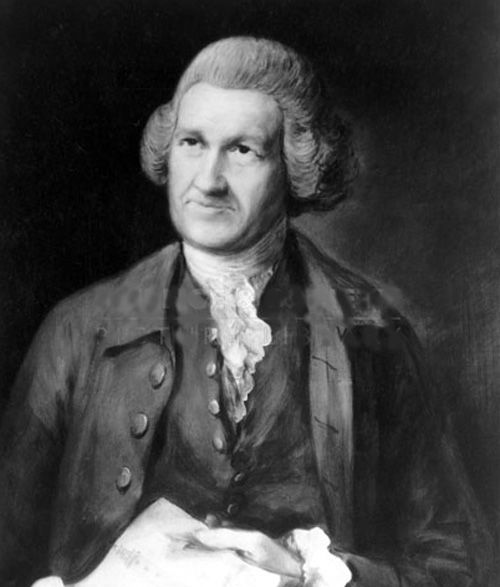 Painted portrait of John Smeaton, wearing a wig as was custom im the time. He holds some papers in his hands.