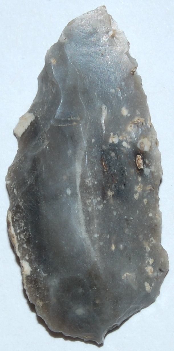 A grey, irregularly shaped flint arrowhead with rough edges and surface texture, displaying small white speckles, set against a plain white background.