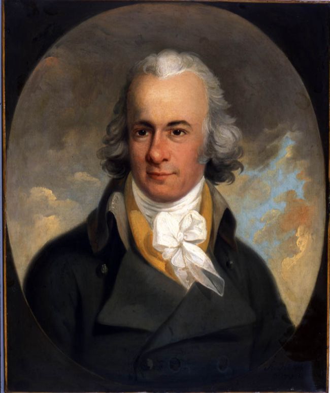 William Wilberforce, oil painting by Karl Anton Hickel, 1793 .  Willima has a white scarf tied at his neck and wearing a dark blue coat with a folded collar.