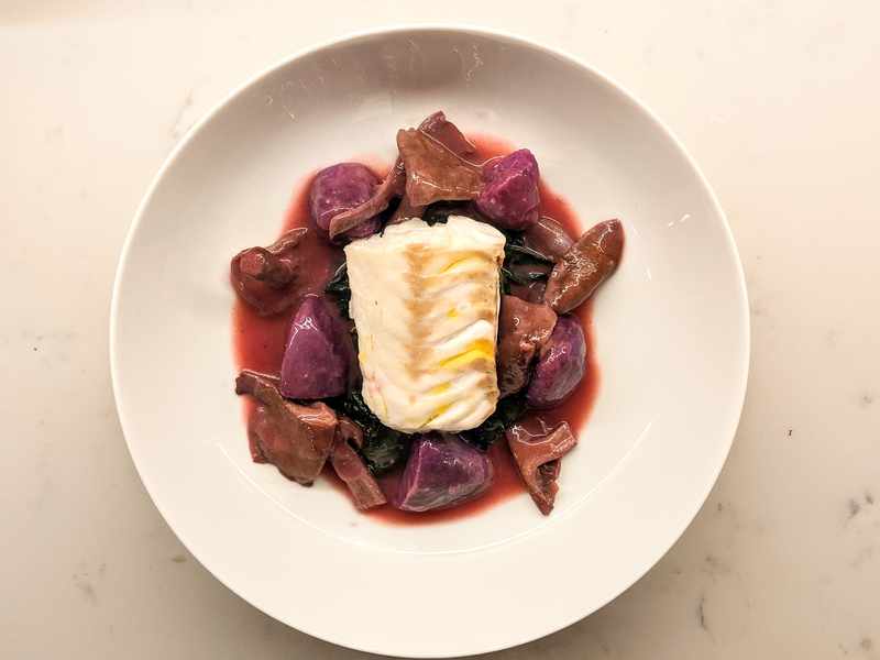 Wood Blewits, Purple Potatoes and Steamed Hake