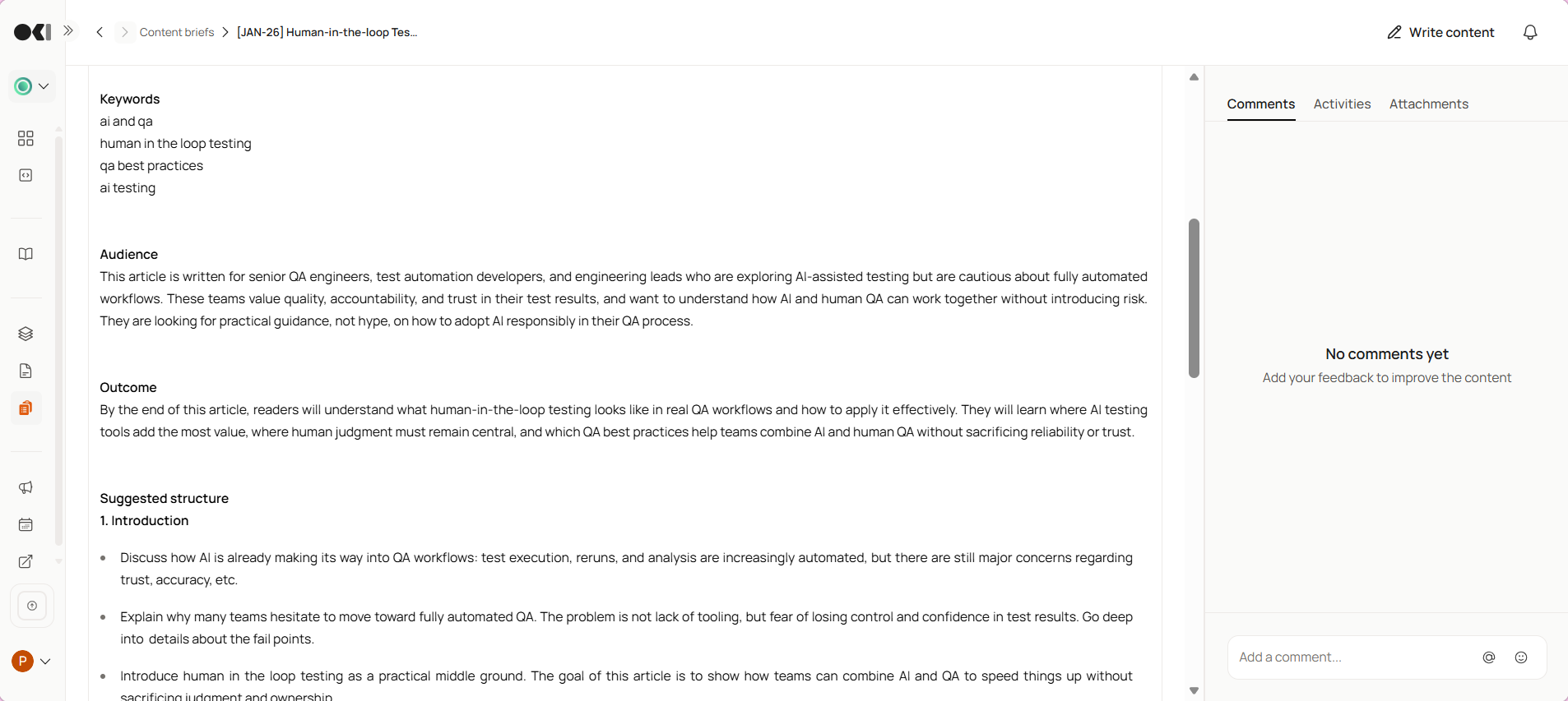 A content brief we created for a client on Boki