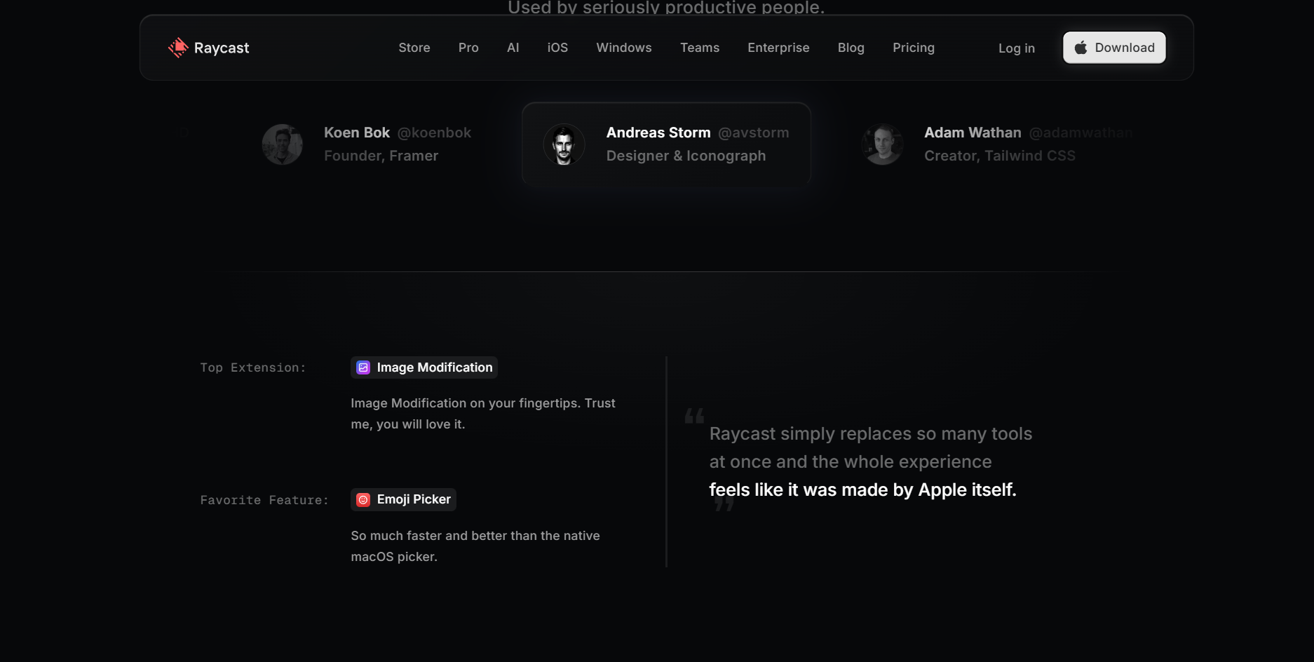 Raycast homepage has customer stories that teach developers something useful about the product.