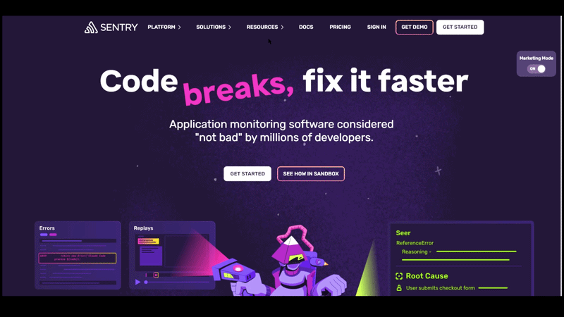 Sentry has a marketing vs no marketing mode toggle on their homepage