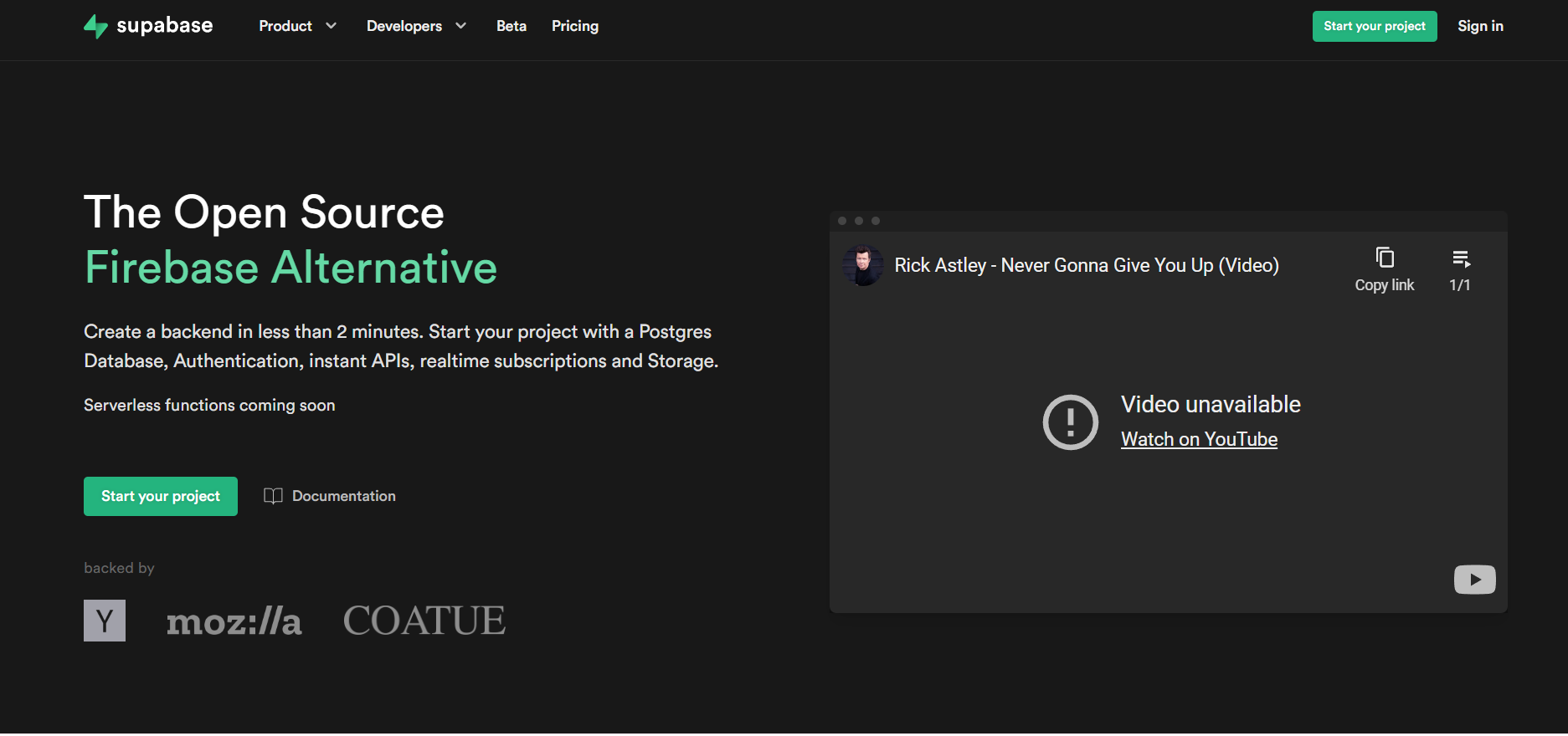 Screenshot: Supabase homepage, June 2021 Wayback capture