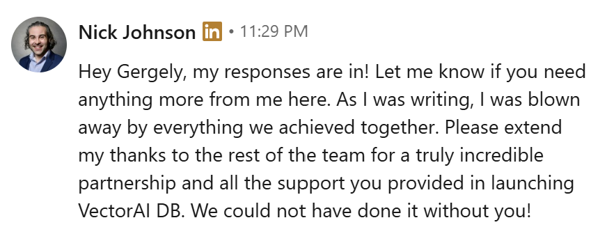 Nick's testimonial on the developer marketing work done by Hackmamba