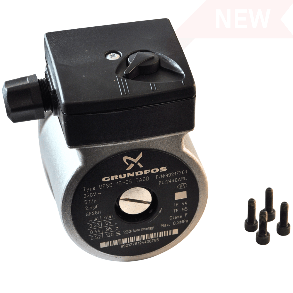 Genuine Grundfos UPSO 15-65 CAOD central heating circulation pump motor head part number 99217761 with fixing screws.