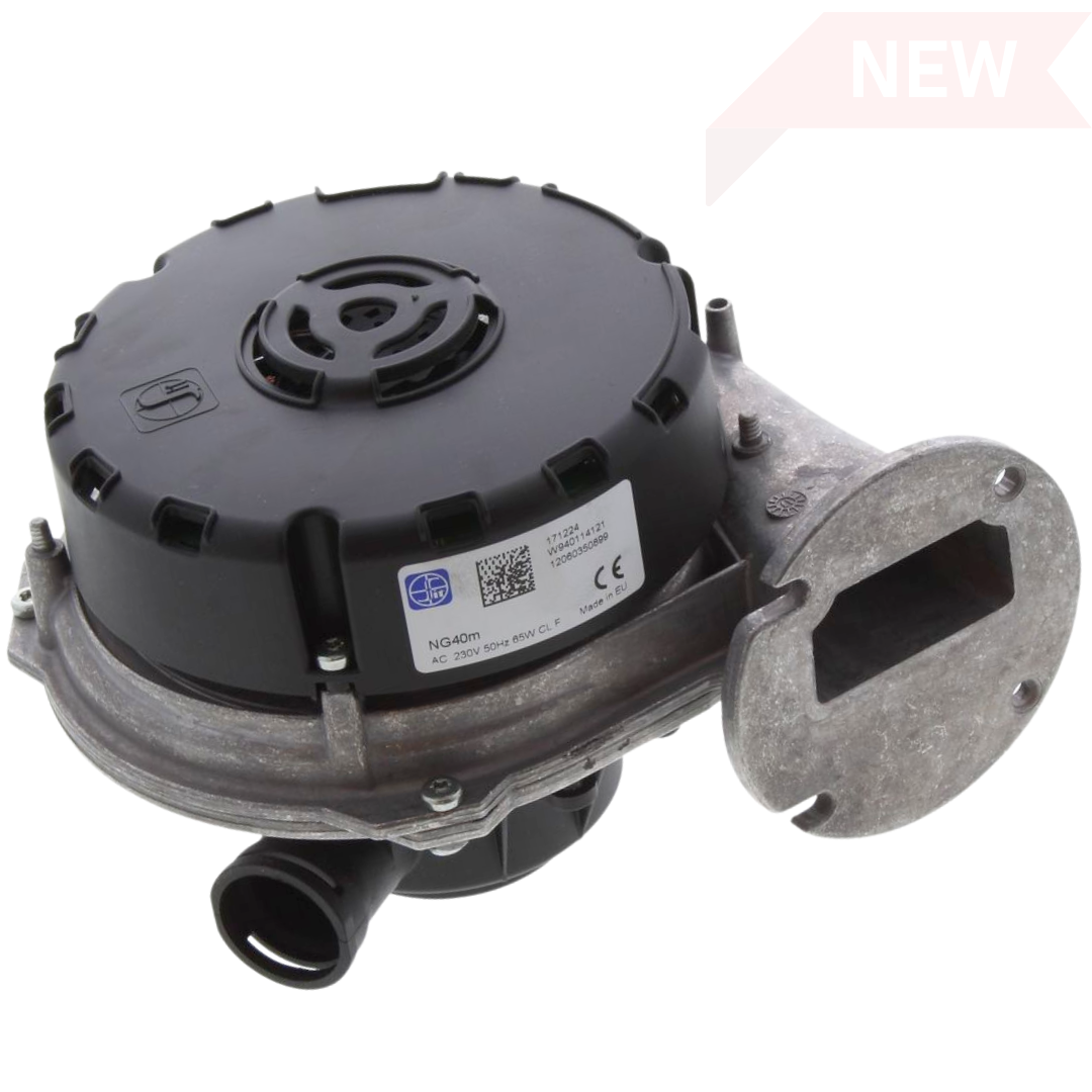 Genuine Vokera 20081318 fan assembly with built-in mixer for Compact, Plus, Excel, Maxim, Vibe, and Vision boilers.