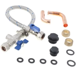 Image of Baxi combi boiler filling loop kit, opened with all washers and elbows