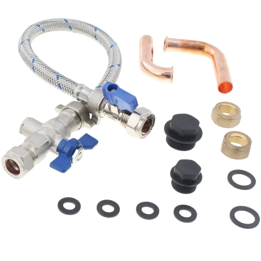 Image of Baxi combi boiler filling loop kit, opened with all washers and elbows
