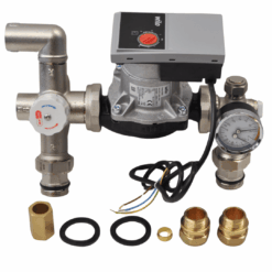 Wilo underfloor heating manifold pump control pack complete with A-rated pump and thermostatic blending valve for UFH systems.