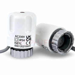 230V normally closed thermoelectric actuator for underfloor heating manifolds. M30x1.5 fitting with smooth and energy-efficient operation.