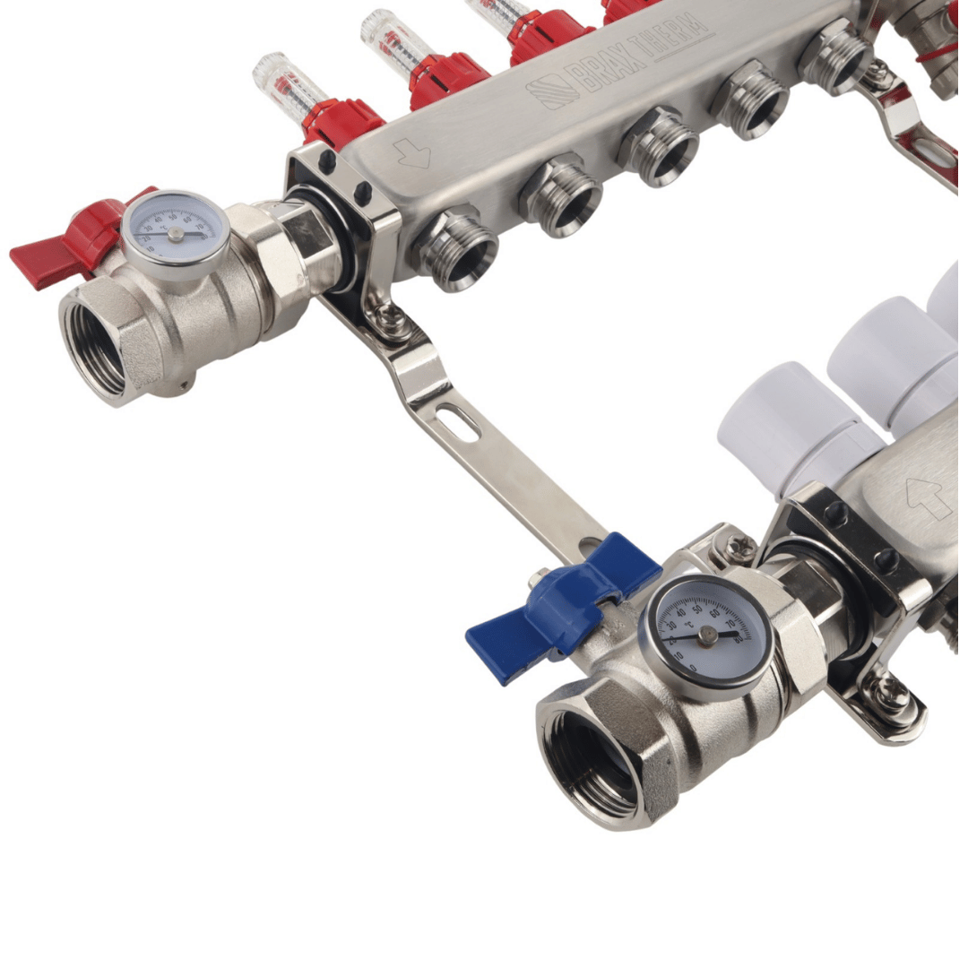 1" underfloor heating manifold isolation ball valves with built-in temperature gauge. Designed for easy UFH manifold connection and servicing.