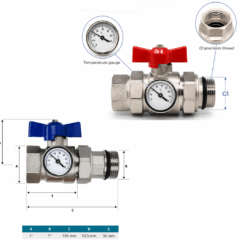 1" underfloor heating manifold isolation ball valves with built-in temperature gauge. Designed for easy UFH manifold connection and servicing.
