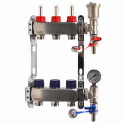 3 port stainless steel underfloor heating manifold with pressure gauge, flow meters and automatic air vent for reliable UFH performance.