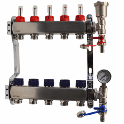 5 port underfloor heating manifold with pressure gauge, flow meters and automatic air vent for reliable UFH system performance.