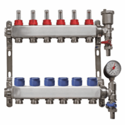 6 port underfloor heating manifold with pressure gauge, flow meters and automatic air vent for efficient UFH system control.