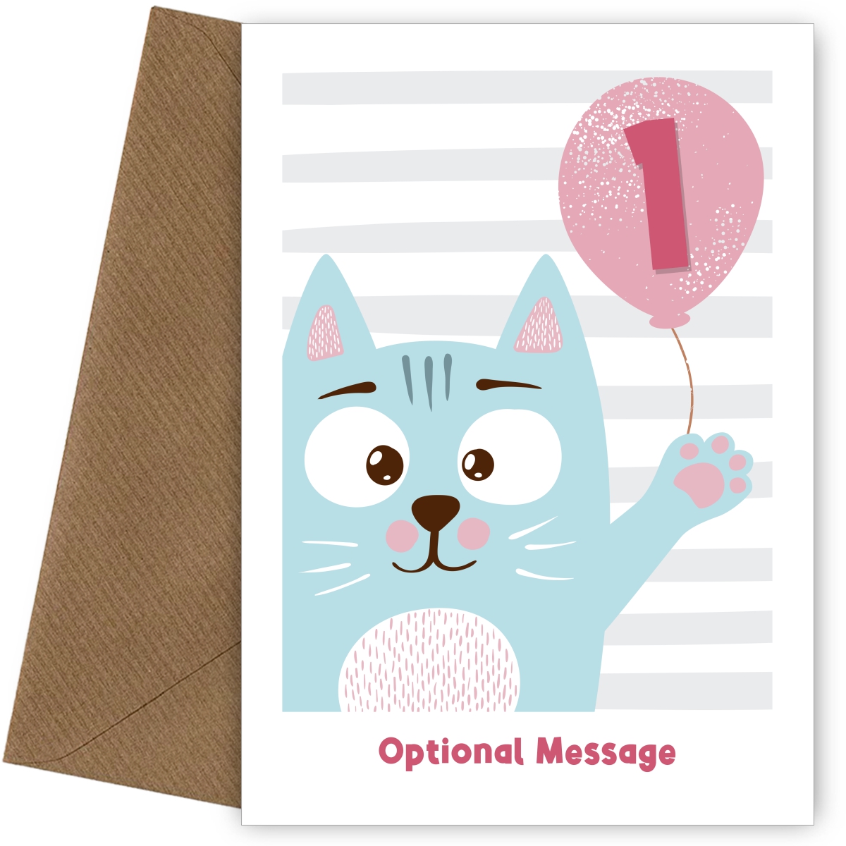 1st Birthday Card for Girls - Happy Cat with Balloon