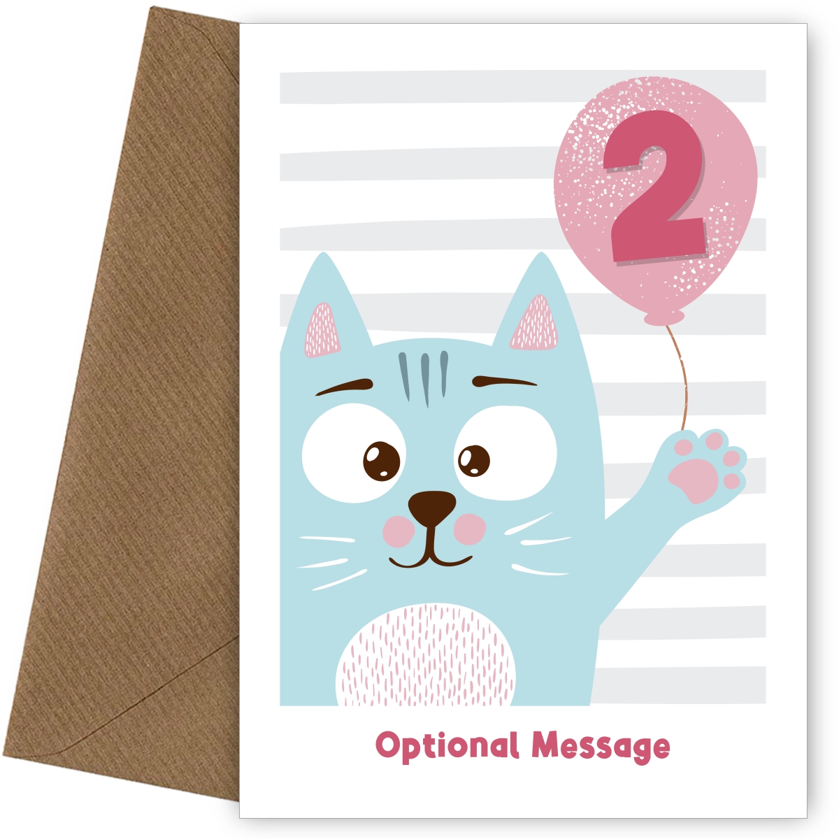 2nd Birthday Card for Girls - Happy Cat with Balloon