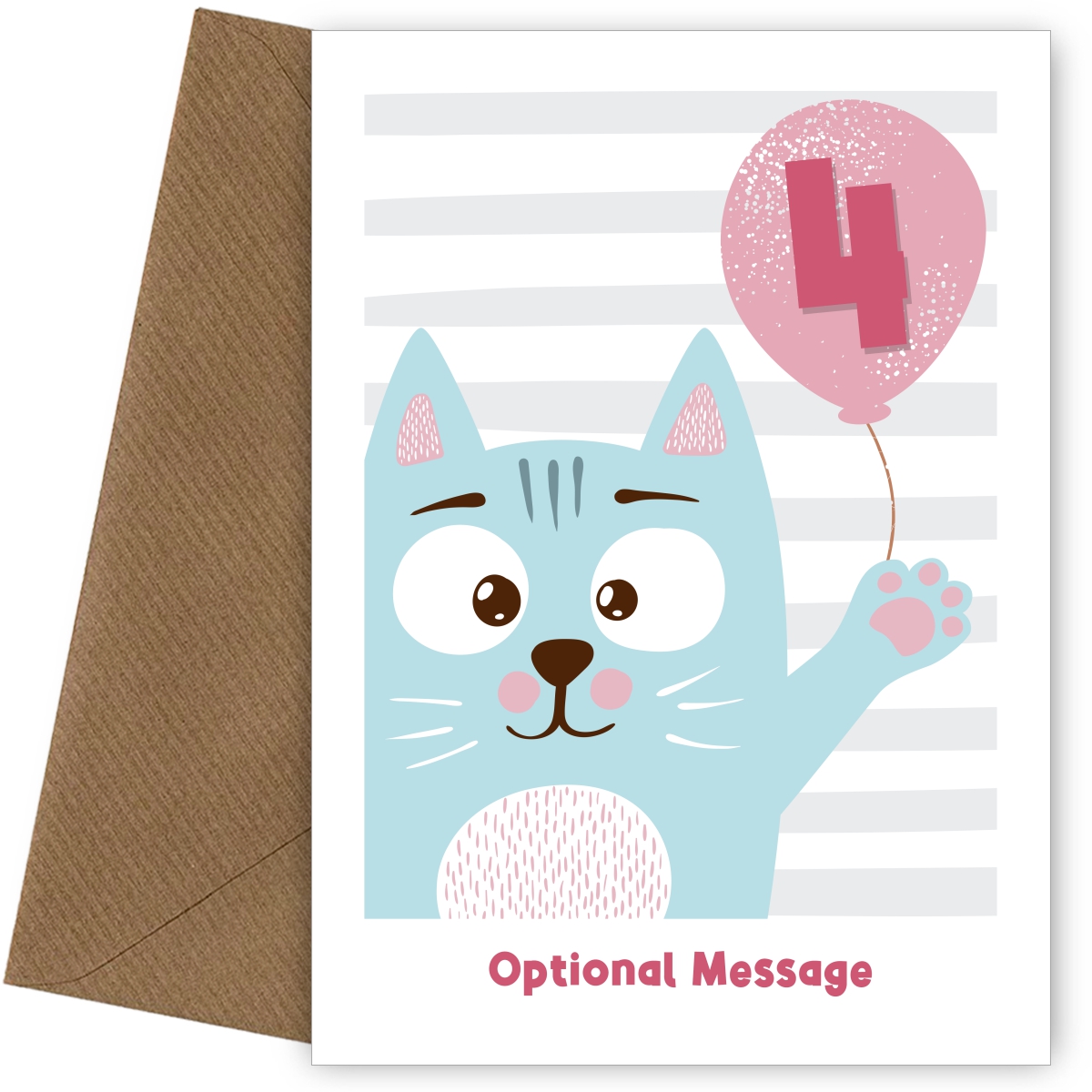 4th Birthday Card for Girls - Happy Cat with Balloon