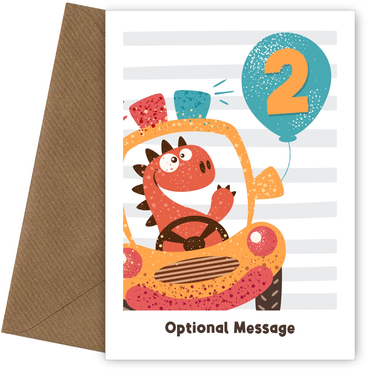2nd Birthday Card for Boys - Happy Dinosaur in Car with Balloon