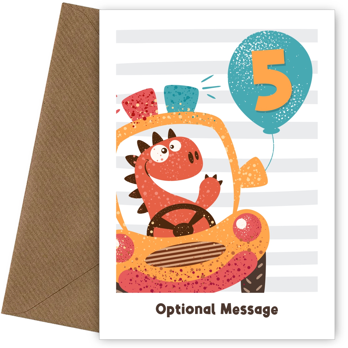 5th Birthday Card for Boys - Happy Dinosaur in Car with Balloon