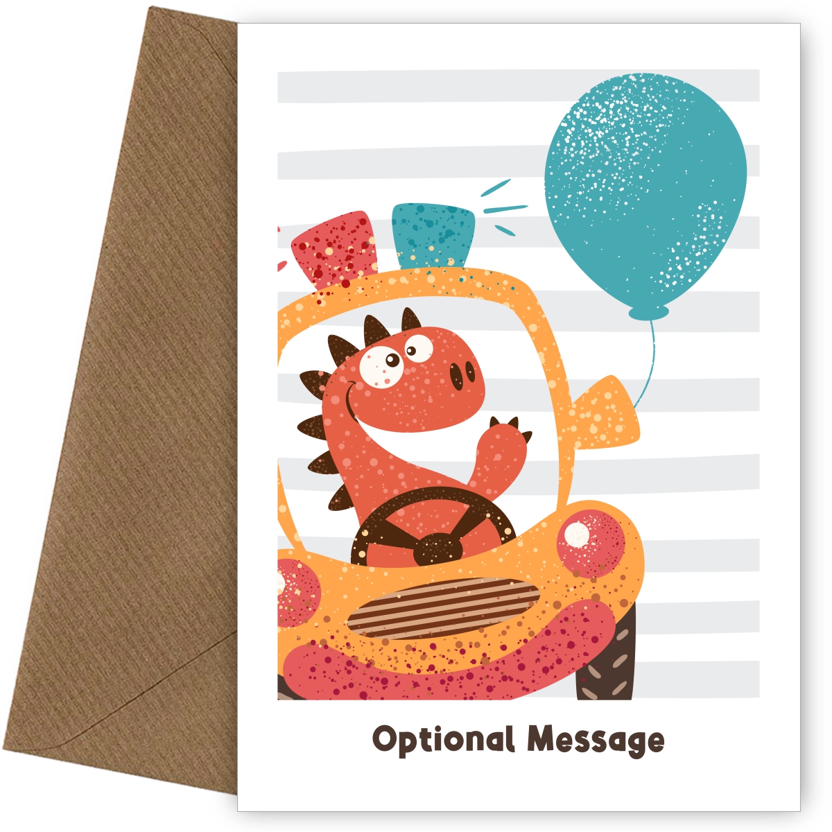 Birthday Card for Boys - Happy Dinosaur in Car with Balloon