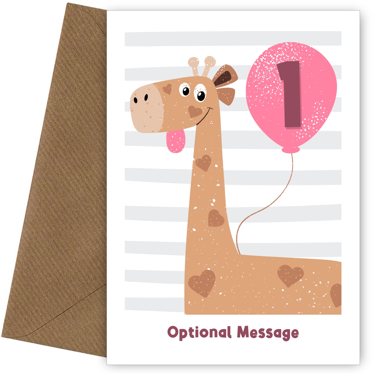 1st Birthday Card for Girls - Happy Giraffe with Balloon