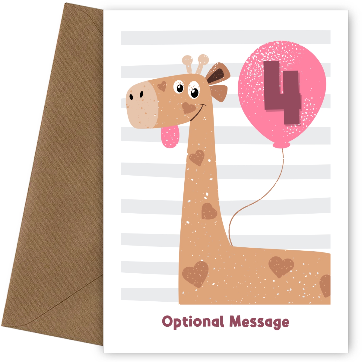 4th Birthday Card for Girls - Happy Giraffe with Balloon