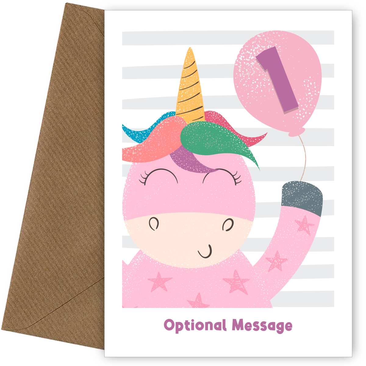 1st Birthday Card for Girls - Happy Unicorn with Balloon