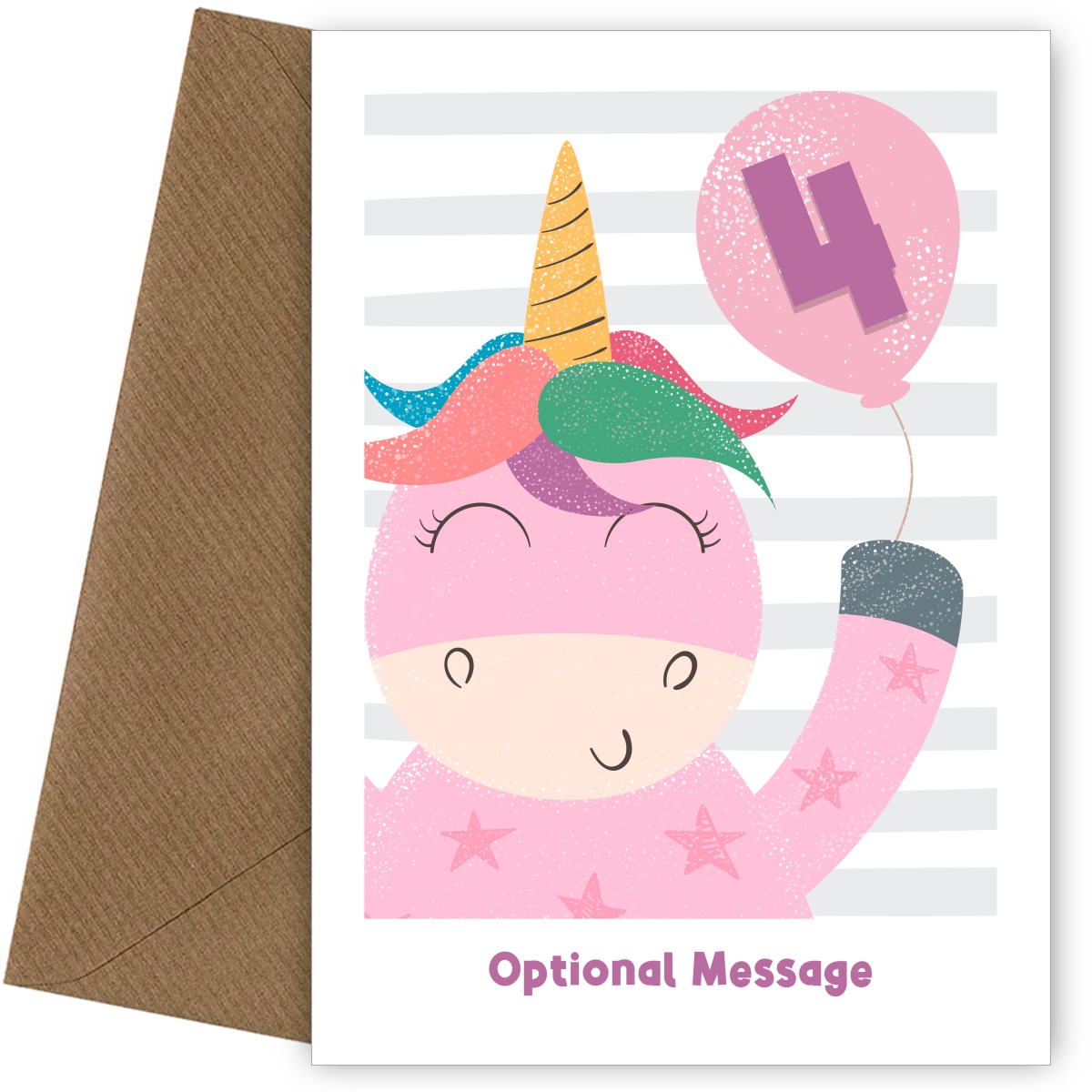 4th Birthday Card for Girls - Happy Unicorn with Balloon
