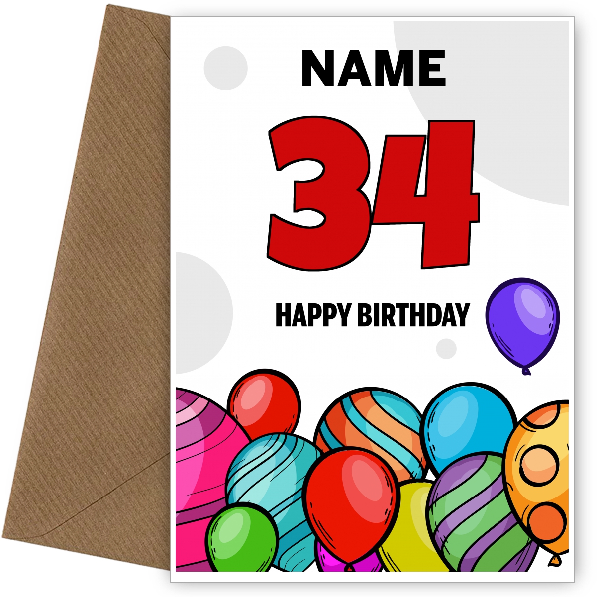 Happy 34th Birthday Card - Bold Birthday Balloons Design