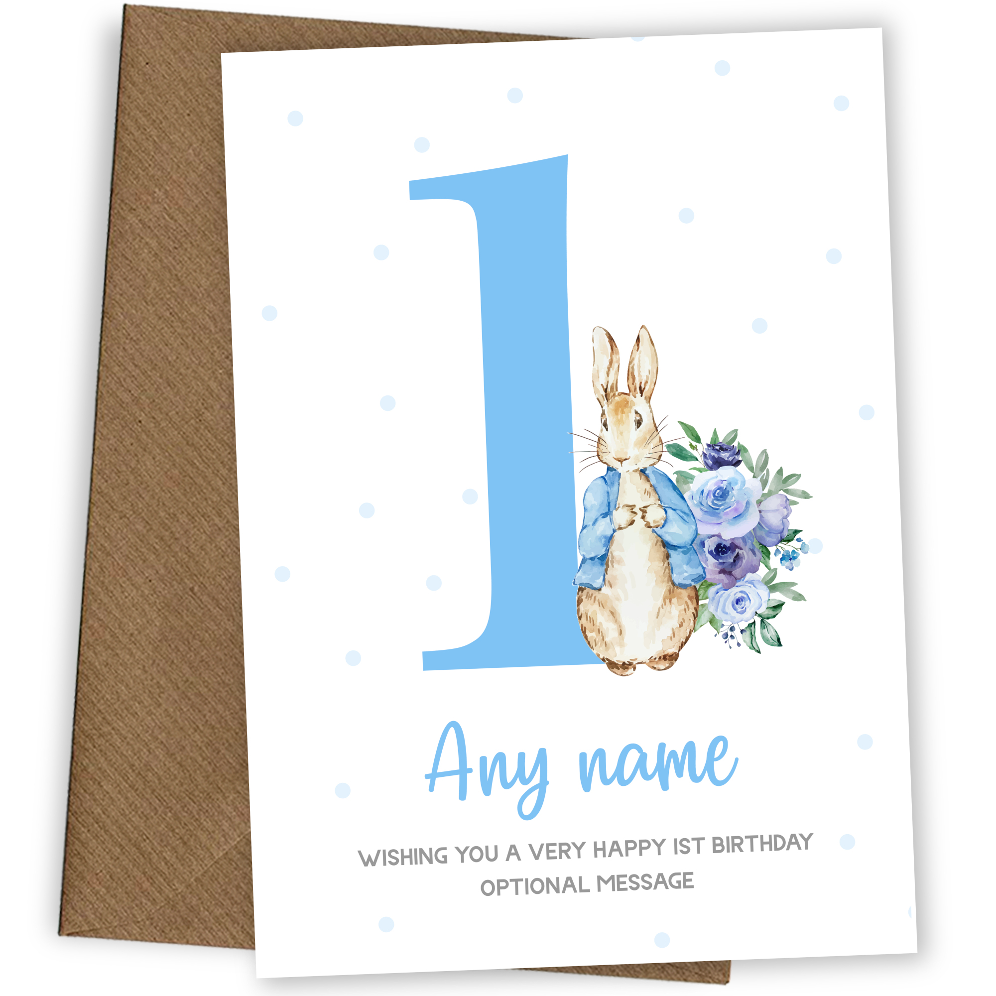 Cute 1st Birthday Card - Blue Bunny Rabbit - Age 1