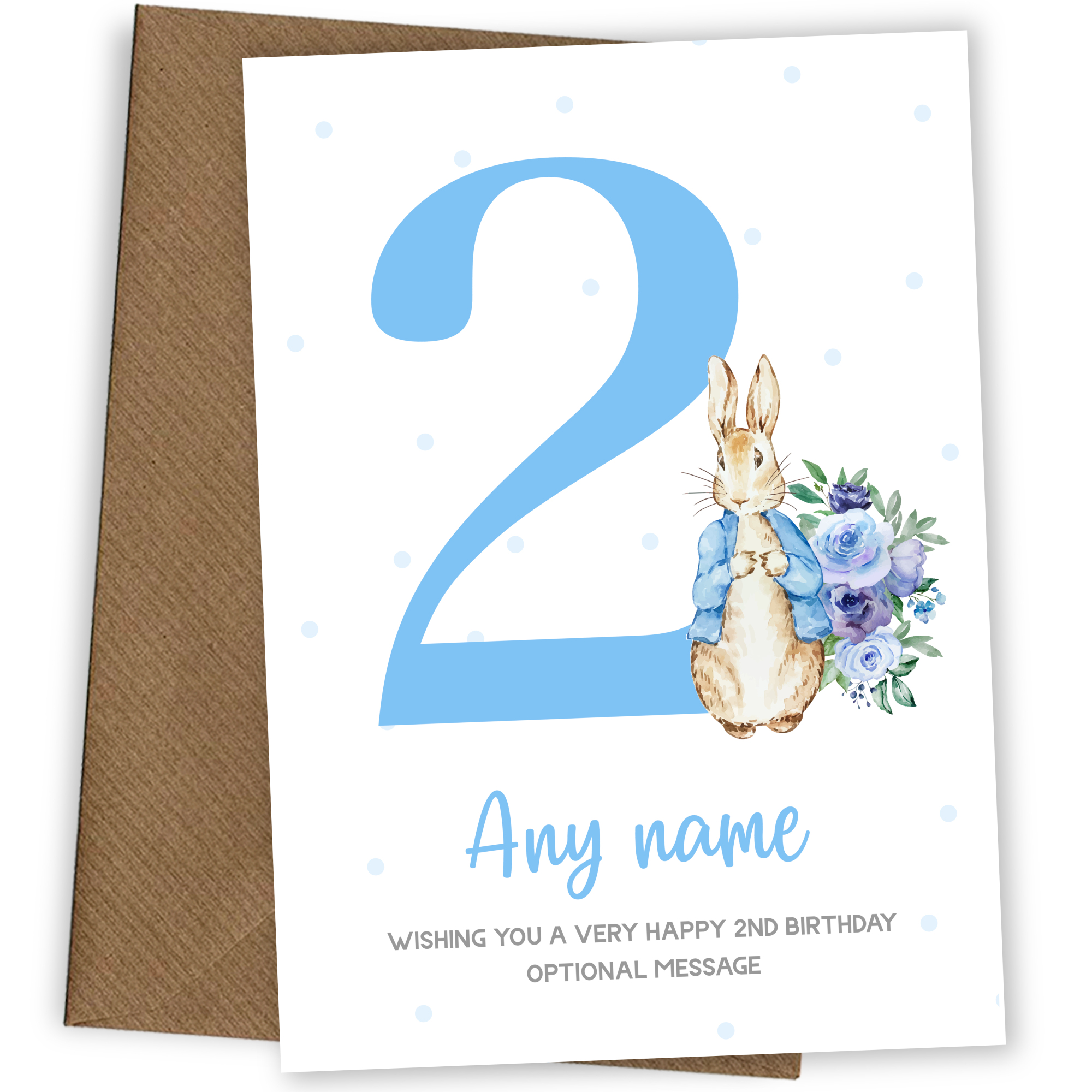 Cute 2nd Birthday Card - Blue Bunny Rabbit - Age 2