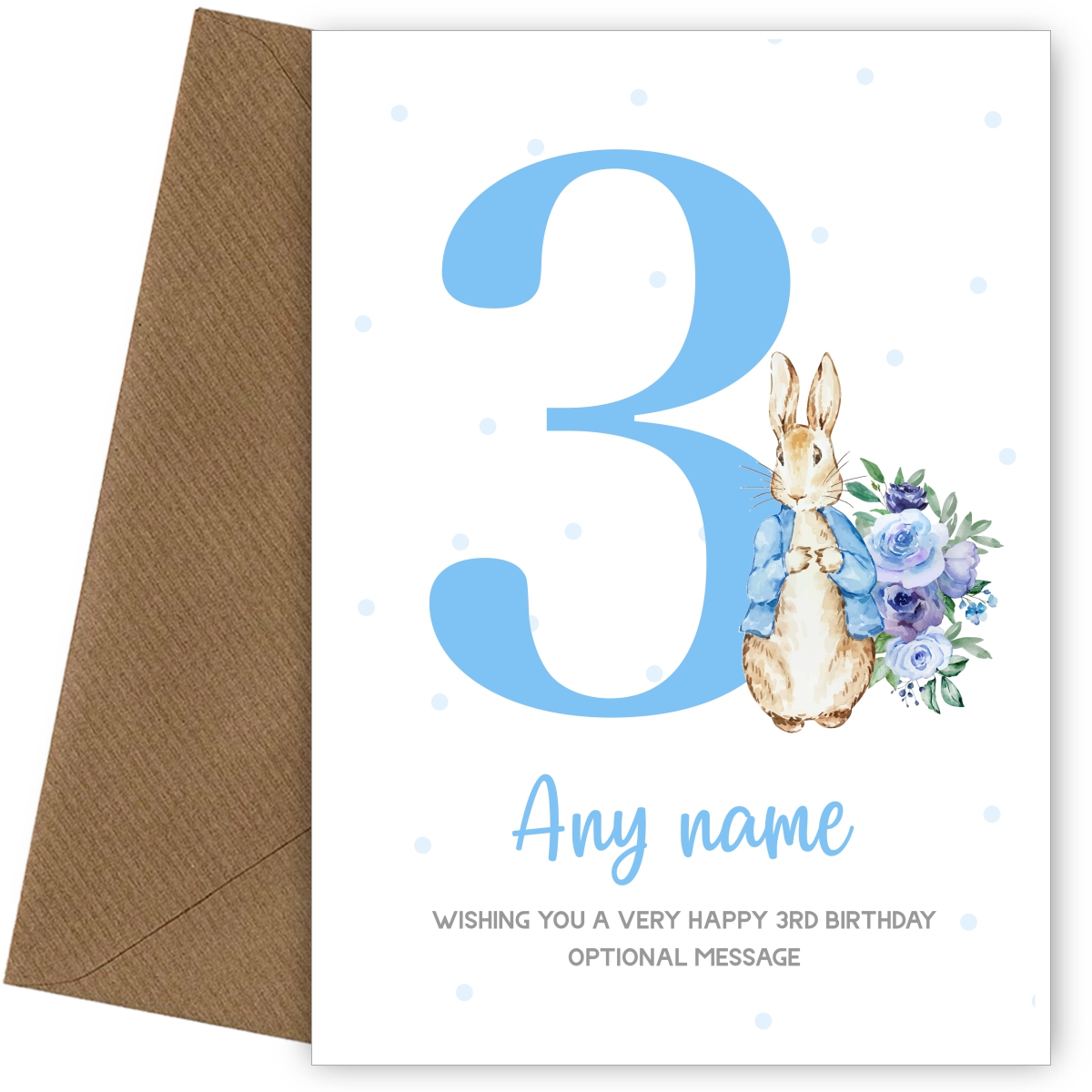 Cute 3rd Birthday Card - Blue Bunny Rabbit - Age 3