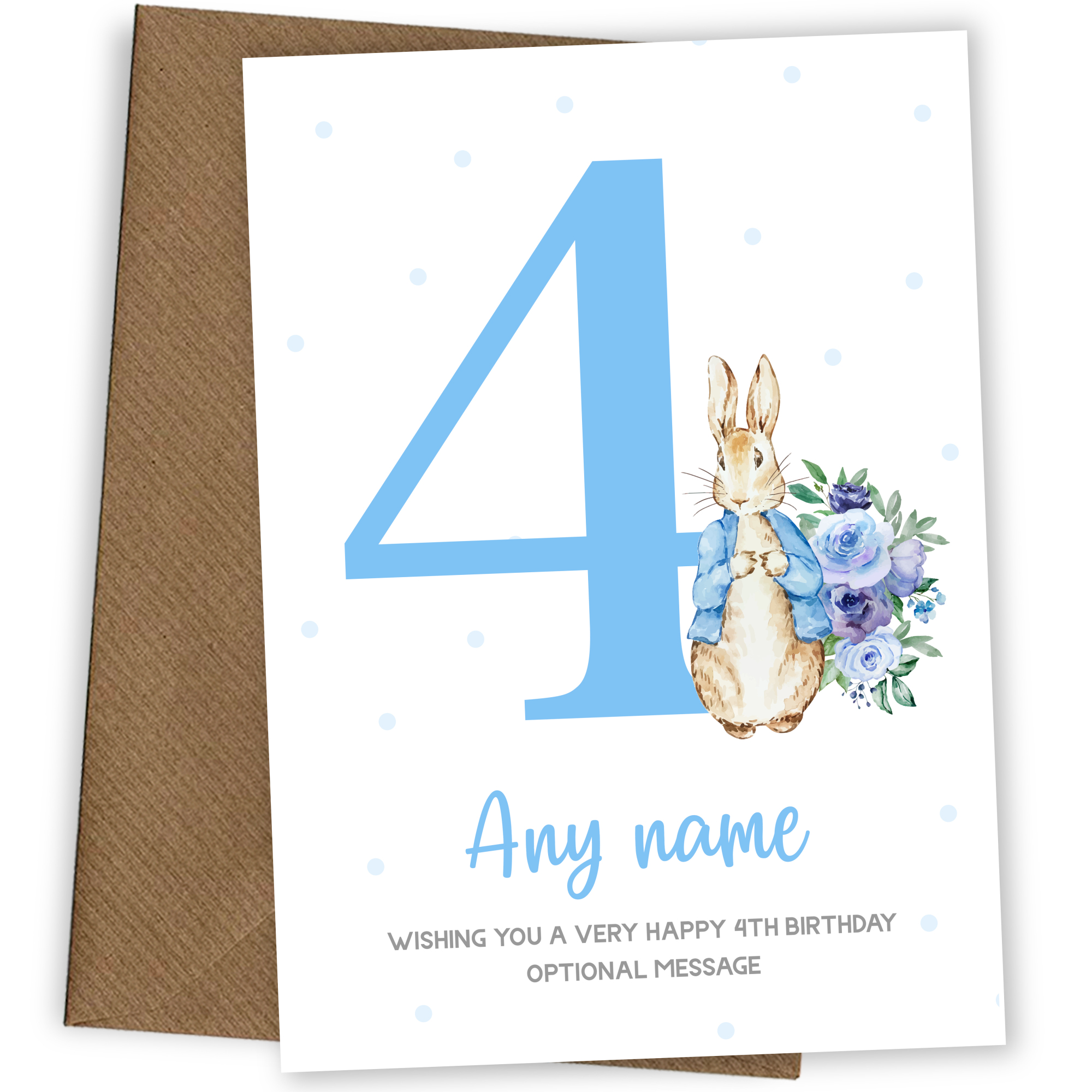 Cute 4th Birthday Card - Blue Bunny Rabbit - Age 4