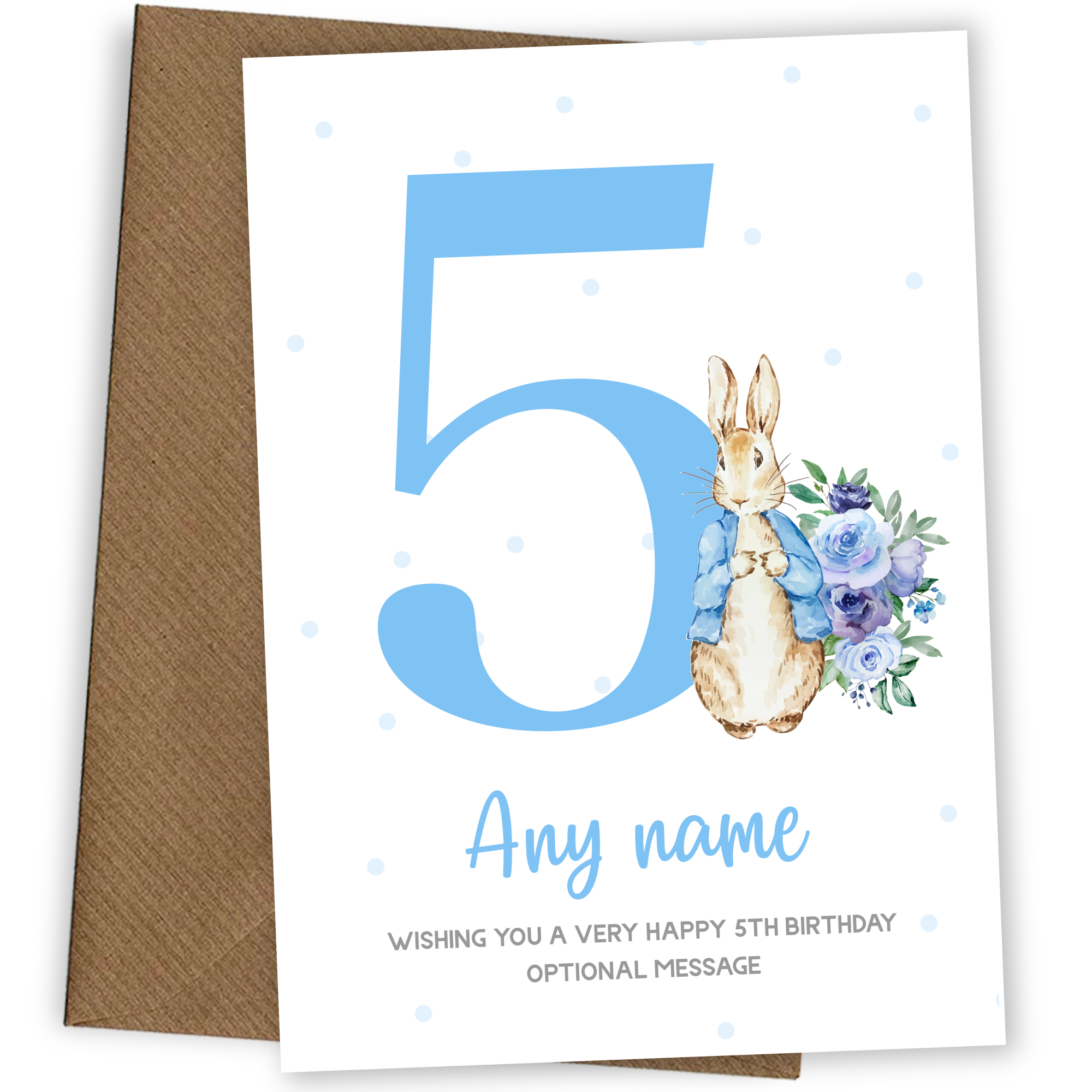 Cute 5th Birthday Card - Blue Bunny Rabbit - Age 5