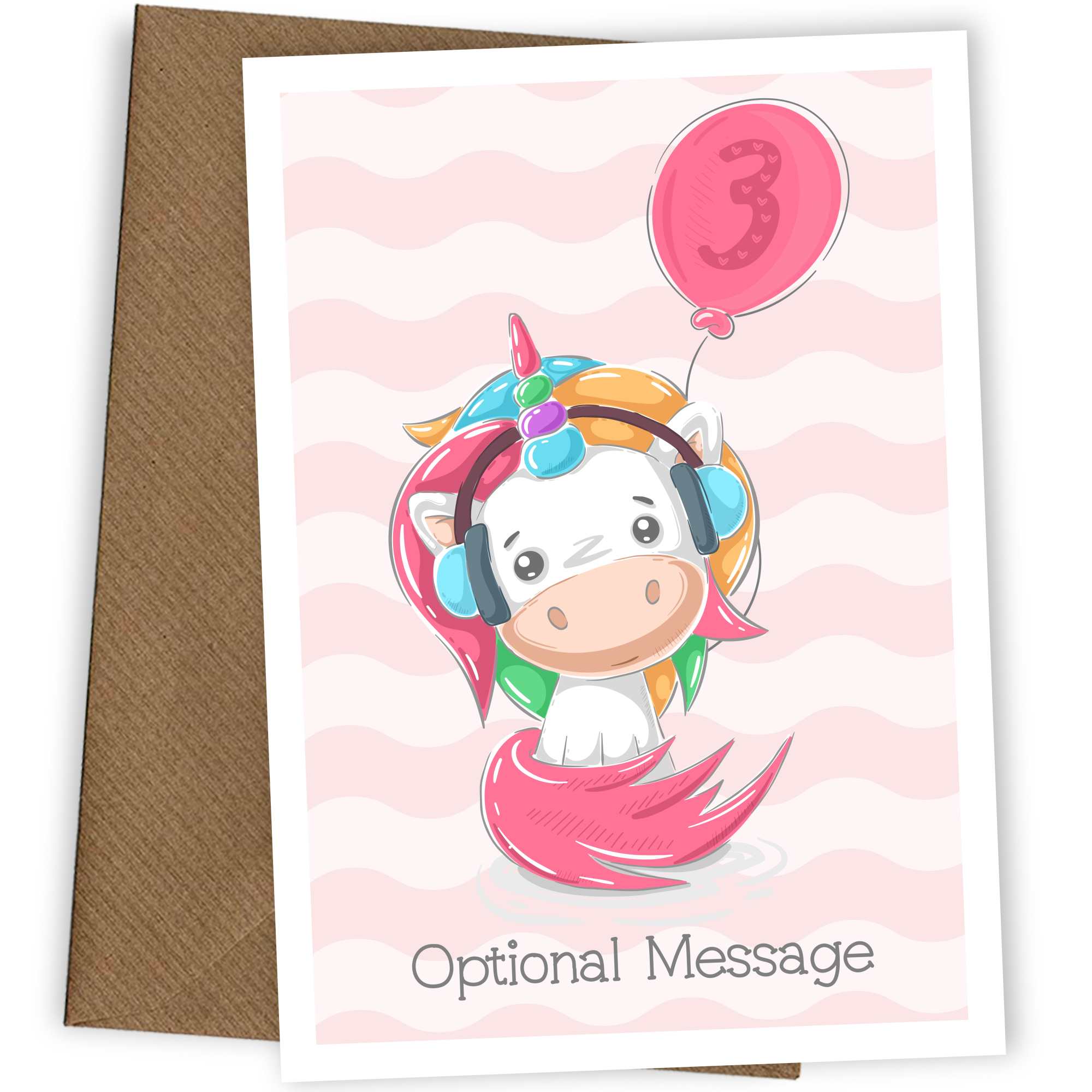 Unicorn 3rd Birthday Card for 3 Year Old Girl (Wearing Headphones)