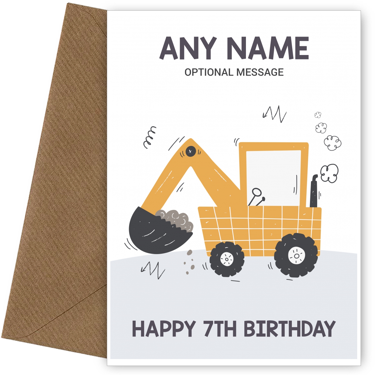 7th Birthday Card for Any Name - Yellow Digger 7th Birthday Card for Any Name - Yellow Digger
