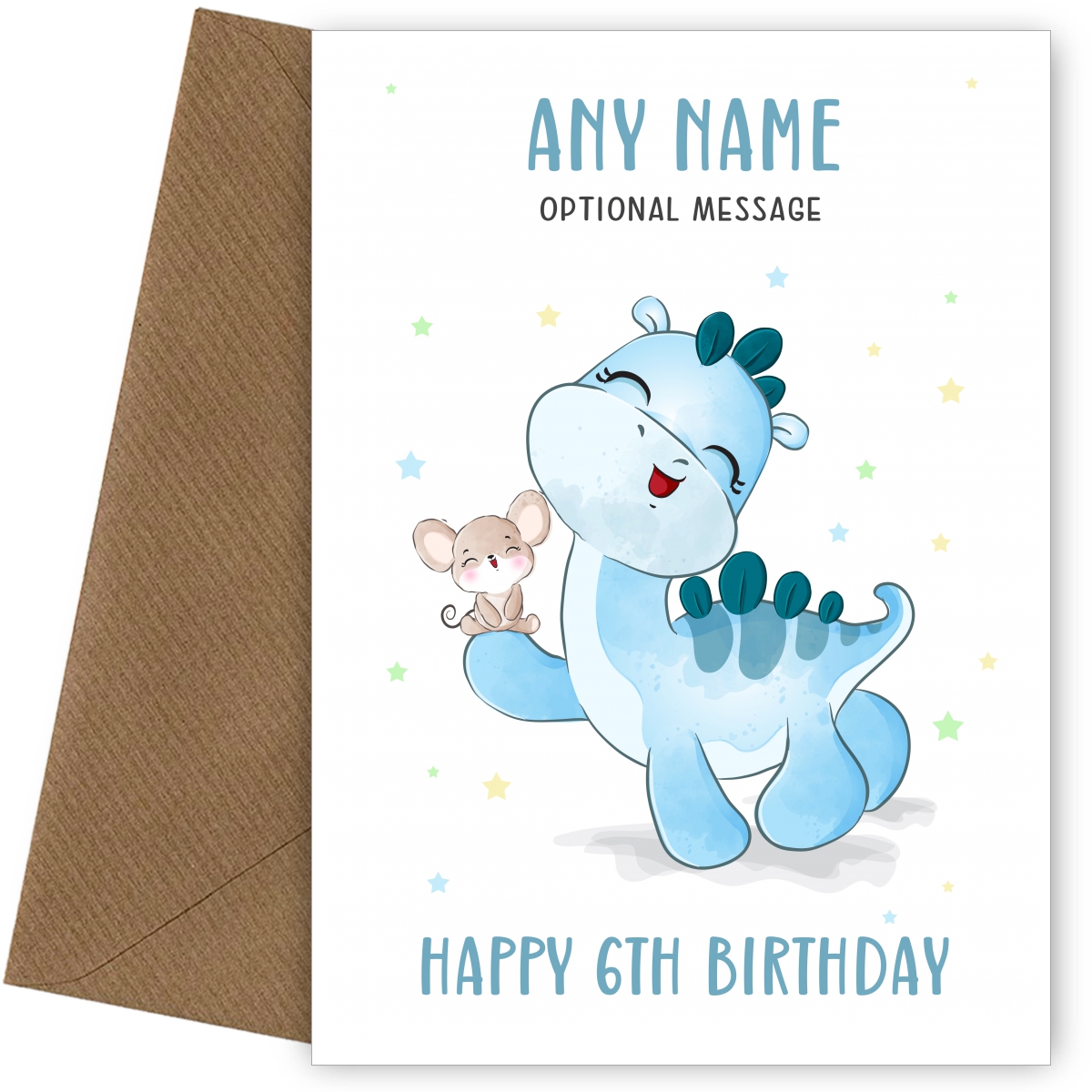 6th Birthday Card for Any Name - Dinosaur and Mouse 6th Birthday Card for Any Name - Dinosaur and Mouse