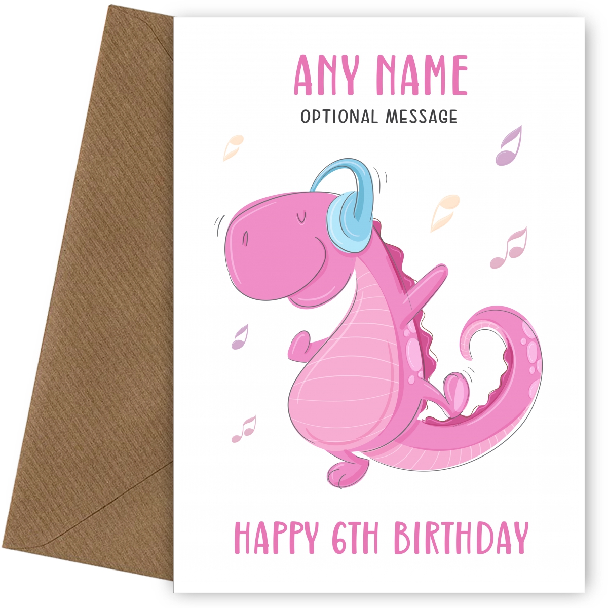6th Birthday Card for Any Name - Dinosaur with Headphones 6th Birthday Card for Any Name - Dinosaur with Headphones