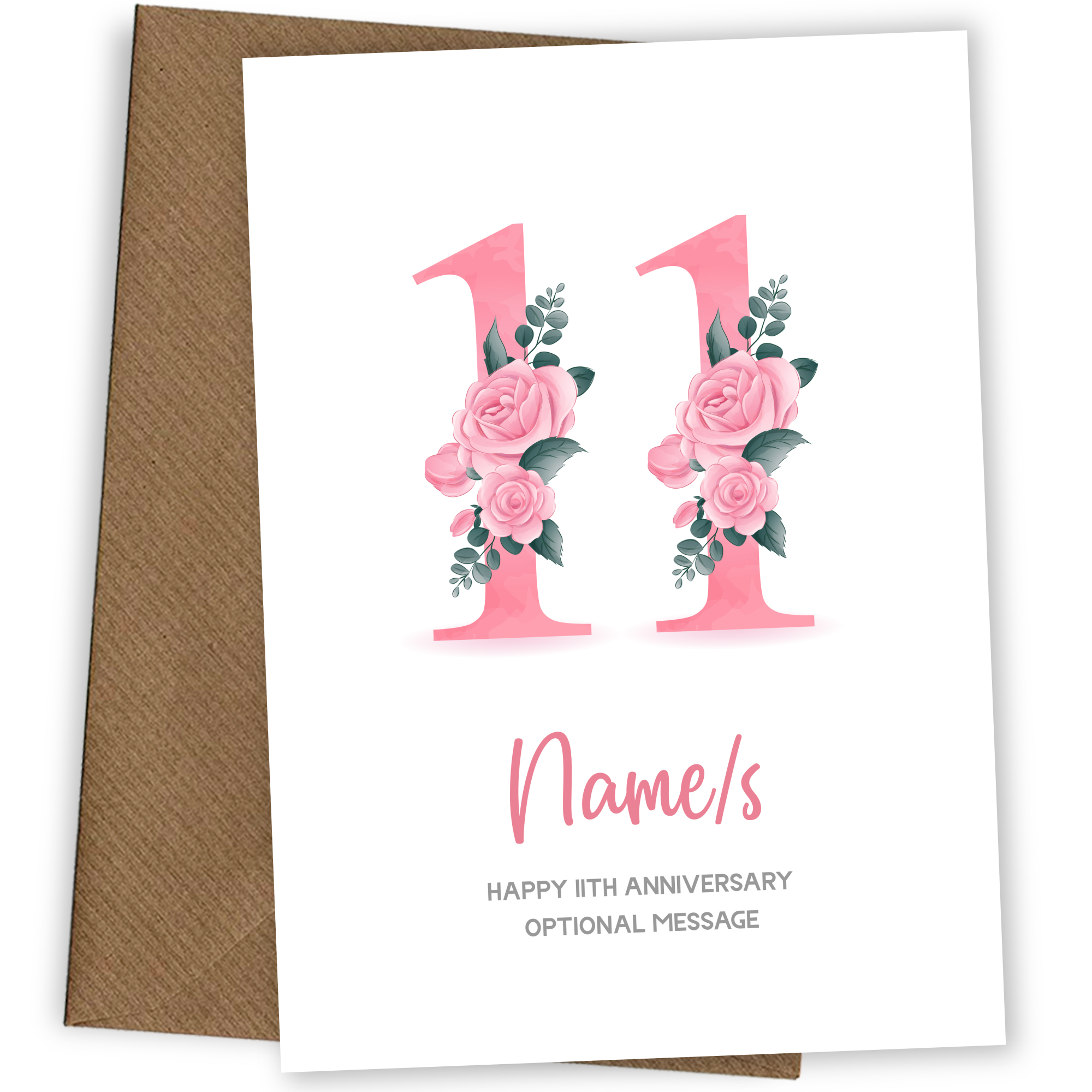 11th Anniversary Card for Wife Husband - Floral Number 11