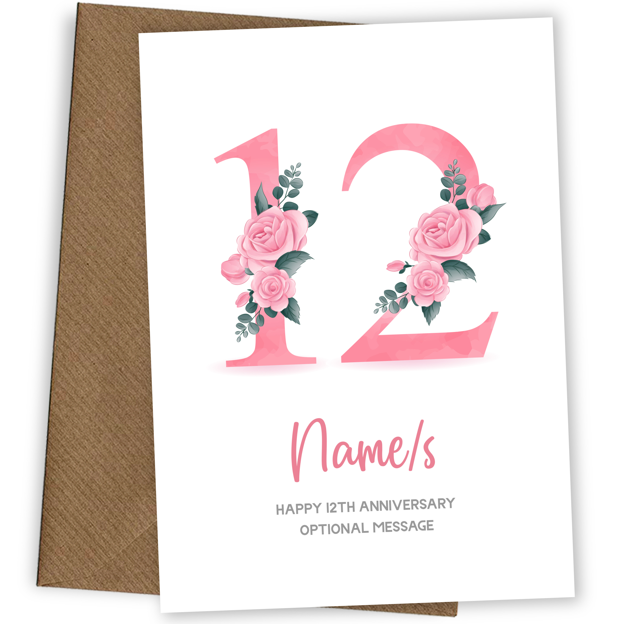 12th Anniversary Card for Wife Husband - Floral Number 12