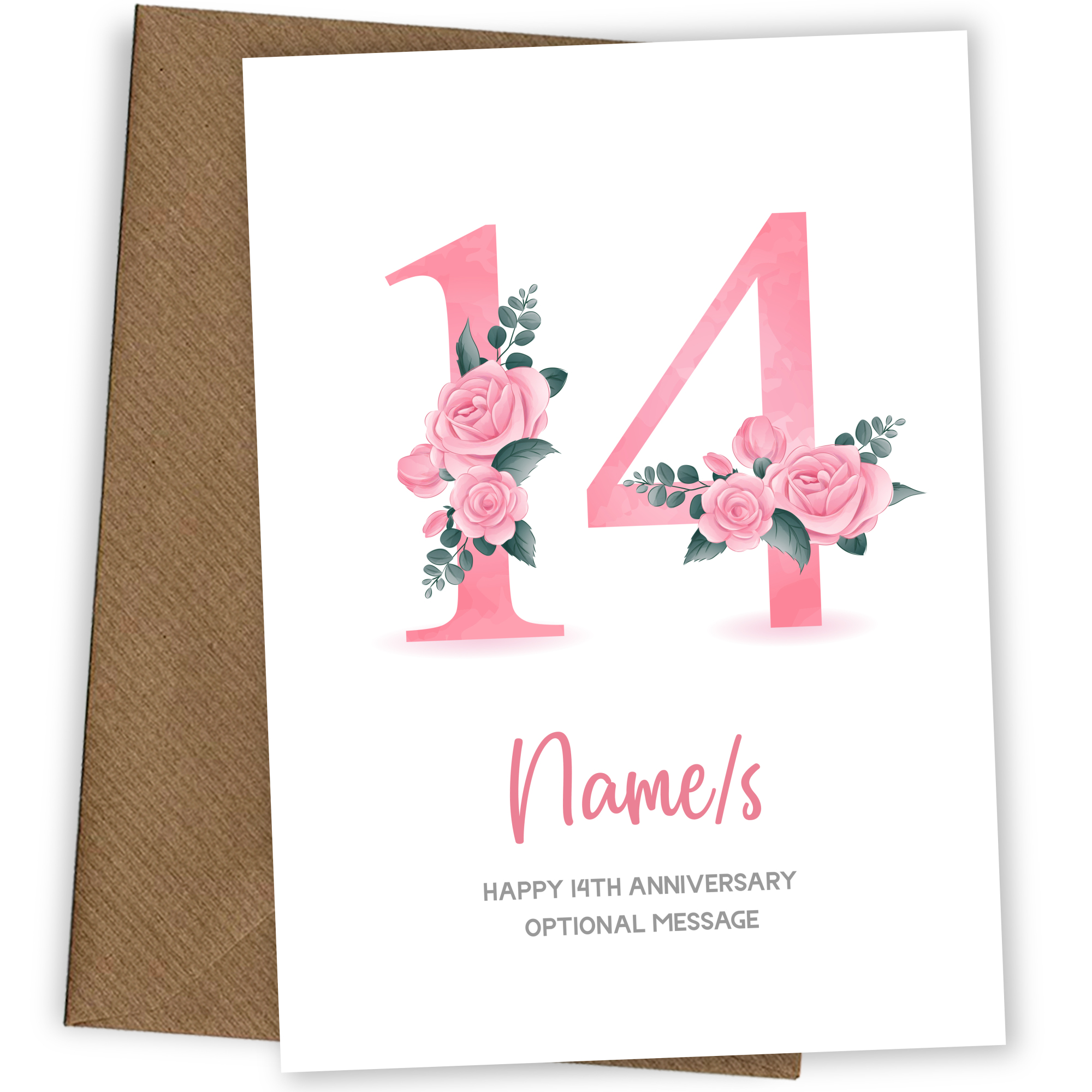 14th Anniversary Card for Wife Husband - Floral Number 14