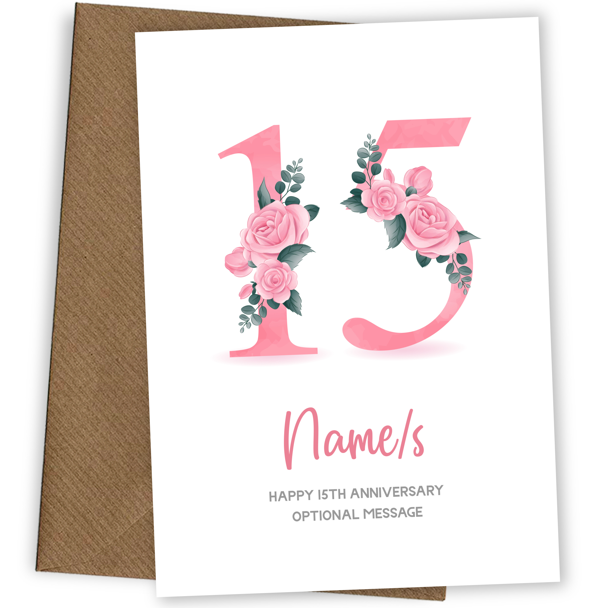 15th Anniversary Card for Wife Husband - Floral Number 15