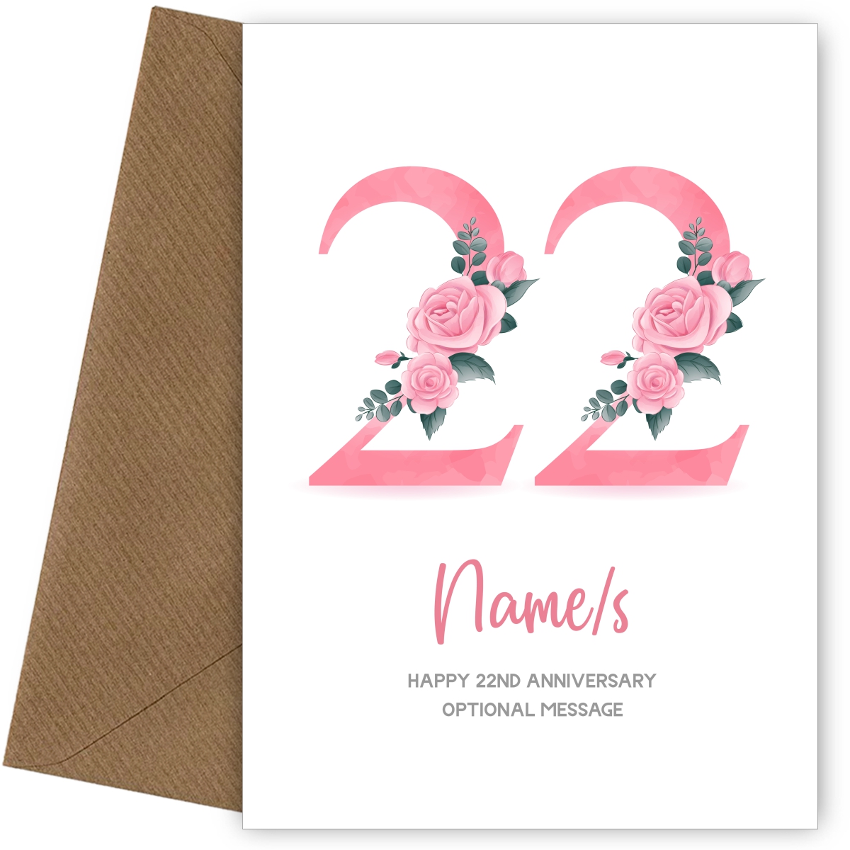 22nd Anniversary Card for Wife Husband - Floral Number 22