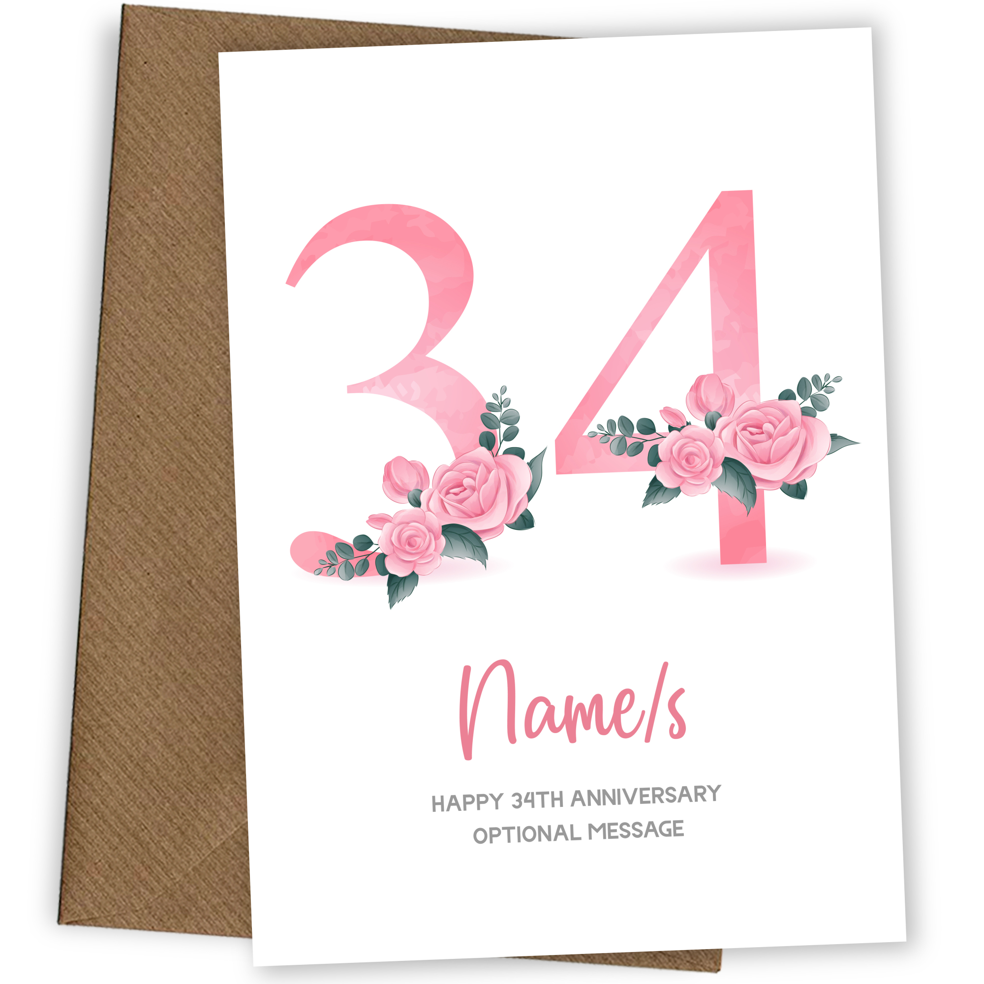 34th Anniversary Card for Wife Husband - Floral Number 34